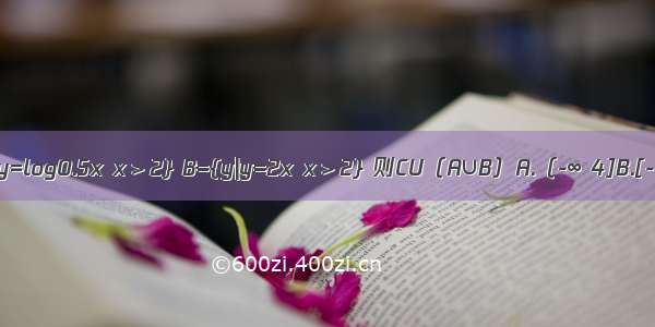 已知全集U=R 集合A={y|y=log0.5x x＞2} B={y|y=2x x＞2} 则CU（A∪B）A.（-∞ 4]B.[-1 4]C.（-1 4）D.[1 +