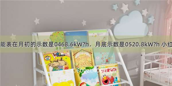 小红家中的电能表在月初的示数是0468.6kW?h．月底示数是0520.8kW?h 小红家这个月用电