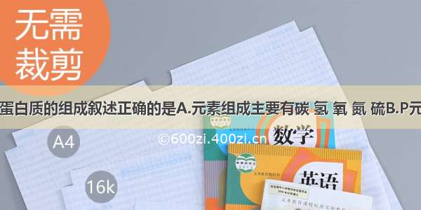 下列关于蛋白质的组成叙述正确的是A.元素组成主要有碳 氢 氧 氮 硫B.P元素的含量