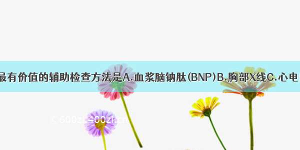 诊断心力衰竭最有价值的辅助检查方法是A.血浆脑钠肽(BNP)B.胸部X线C.心电图D.心脏超声