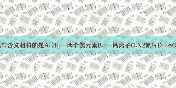 下列化学用语与含义相符的是A.2H--两个氢元素B.--钙离子C.N2氮气D.FeCl2--氯化铁