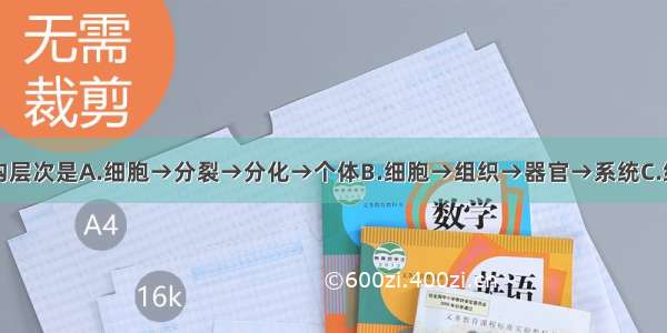 月季花的结构层次是A.细胞→分裂→分化→个体B.细胞→组织→器官→系统C.细胞→组织→