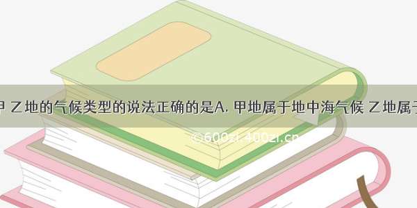 下列关于甲 乙地的气候类型的说法正确的是A. 甲地属于地中海气候 乙地属于温带季风