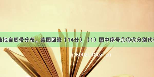 下图为世界陆地自然带分布。读图回答（14分）（1）图中序号①②③分别代表自然带名称