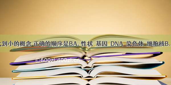 下列从大到小的概念 正确的顺序是BA. 性状→基因→DNA→染色体→细胞核B. 细胞核→