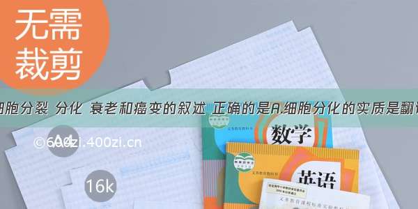 下列关于细胞分裂 分化 衰老和癌变的叙述 正确的是A.细胞分化的实质是翻译水平的控